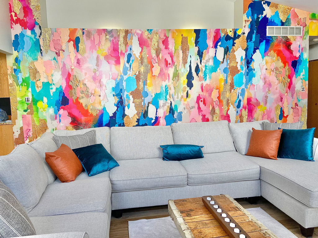 Considering adding color to your living room decor. Vivian Ferne's abstract wallpaper murals offer a stunning collection of boldly colored, abstract, modern wallpaper designs. These interior wallpaper designs are also beautiful installations for hotel lobbies, salon decor, spa decor and airbnb designs. They bring, depth, texture and color to any luxury interior design project.