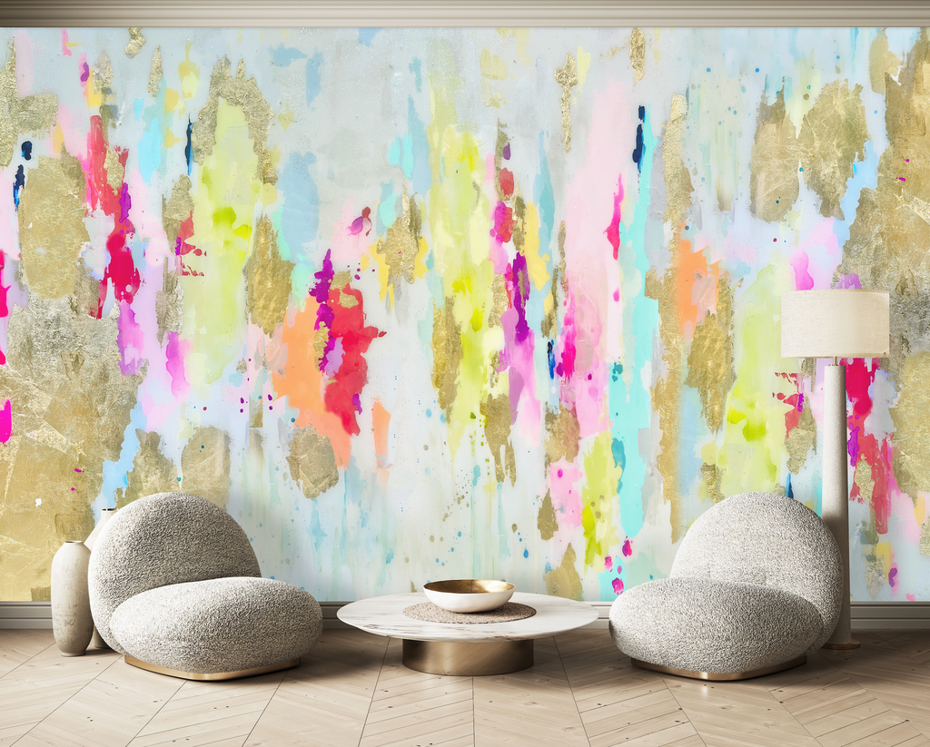 Modern living room interior design with rounded beige furniture and multi color wallpaper mural.