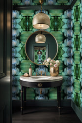 Green Bathroom Vivian Ferne Wallpaper, Repeating Wallpaper, Green and Blue Wallpaper