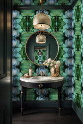 Green Bathroom Vivian Ferne Wallpaper, Repeating Wallpaper, Green and Blue Wallpaper