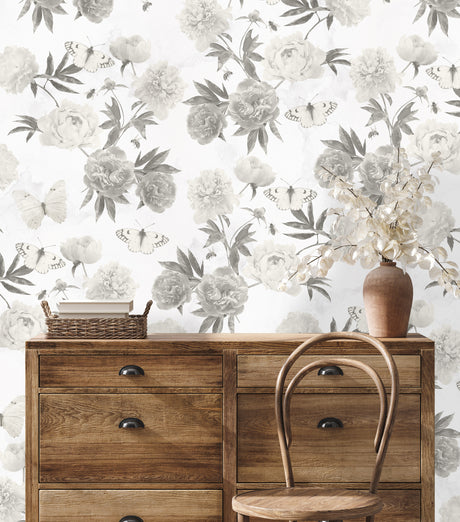 Modern Farmhouse Wallpaper, Vivian Ferne Wallpaper, Floral Wallpaper, Large Floral wallpaper, Black and White Wallpaper, Gray Scale Wallpaper, Office Wallpaper, Kids Wallpaper, Peel and Stick Wallpaper, Spring Wallpaper, Butterfly Wallpaper, Bumblebee Wallpaper