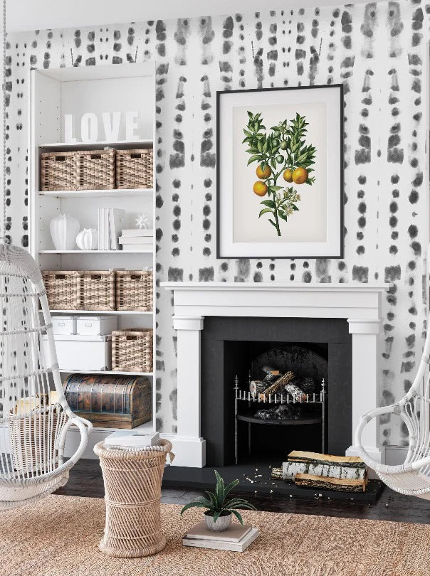Monochromatic large pattern wallpapers like, Smoke Shadow can provide a new twist on farmhouse decor. This black and white design fits well with the wooden tones and textures of this modern farm house theme. 