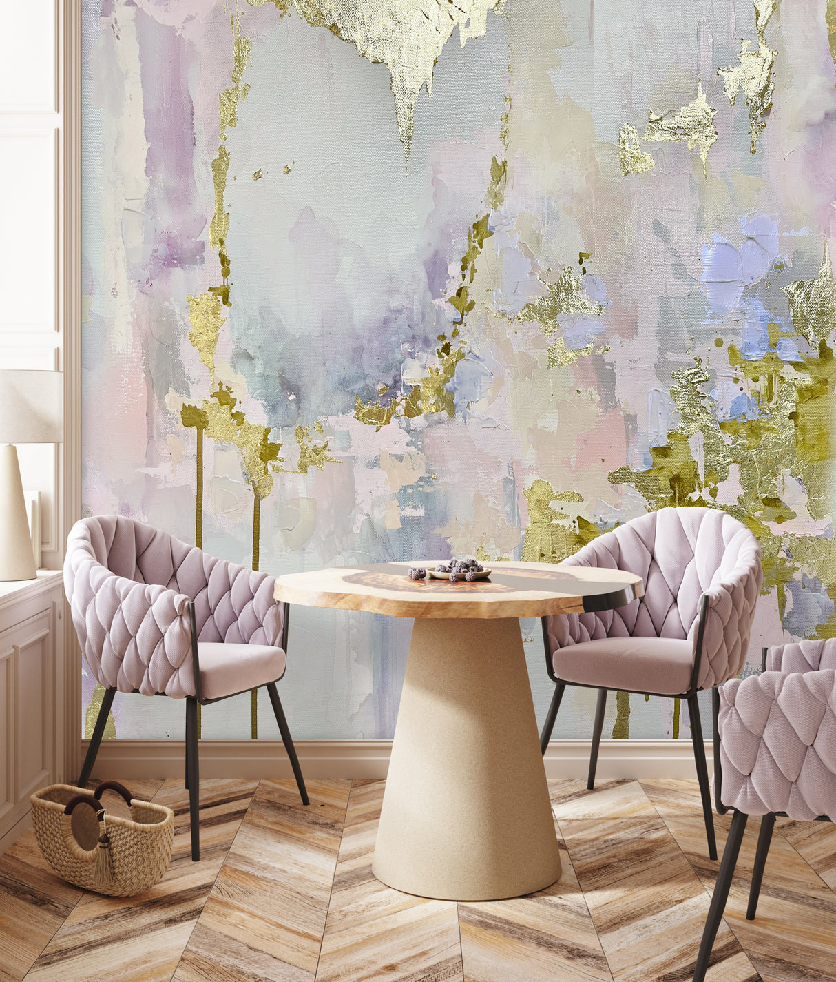 Float wall mural, vivian ferne wall mural, blush and gold living room, purple and gold wall mural