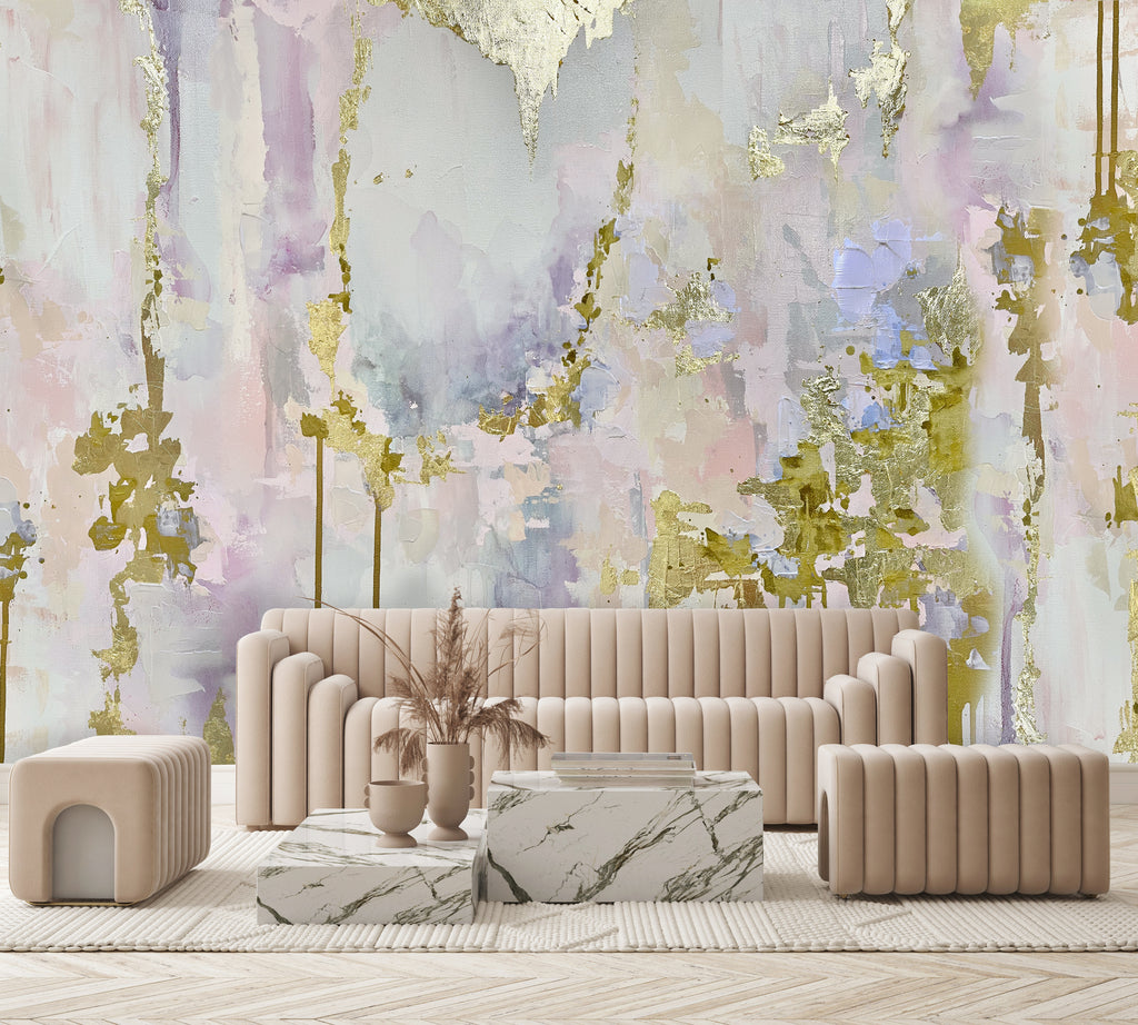 Float wall mural, vivian ferne wall mural, blush and gold living room, purple and gold wall mural