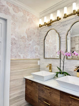 Famous interior wall decor brand, Vivian Ferne installs this stunning floral large pattern print with peel and stick wallpaper on a bathroom accent wall. Wallpaper is a great way to add texture, design and color to your interior design concepts. Stone flower is the perfect wallpaper for beach homes, coastal properties, bathrooms, bedrooms and salon decor.