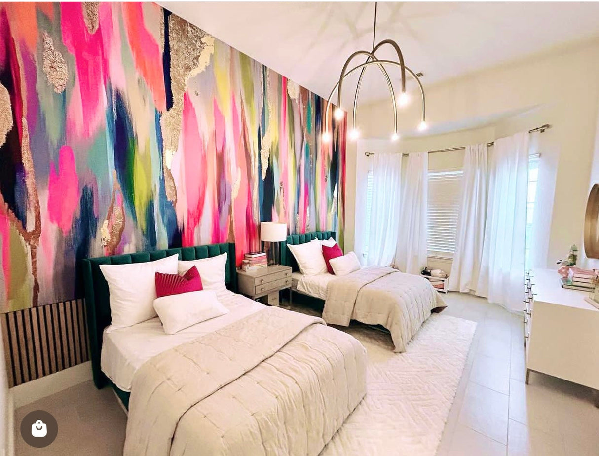 Vivian Ferne Feather Wallpaper, Vivian Ferne Feather mural, bright bedroom, colorful bedroom, bedroom wallpaper, teen room decor, bedroom chandelier, salon design, salon decor, medspa design, medspa decor, boutique design, wallpaper accent wall, Teen room inspo, teen room decoration, dorm room decor, dorm room inspiration