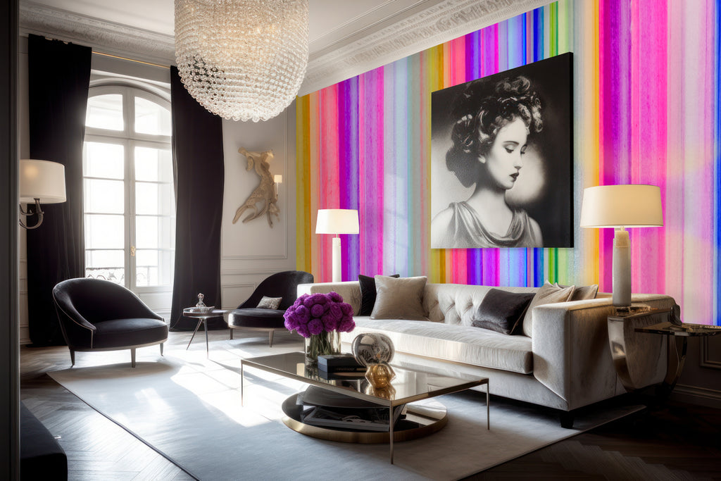 Vivian Ferne Review, vivian ferne wallpaper, modern wallpaper colorful interior, modern living room, parisian apartment, modern parisian decor, watercolor wallpaper, abstract wallpaper