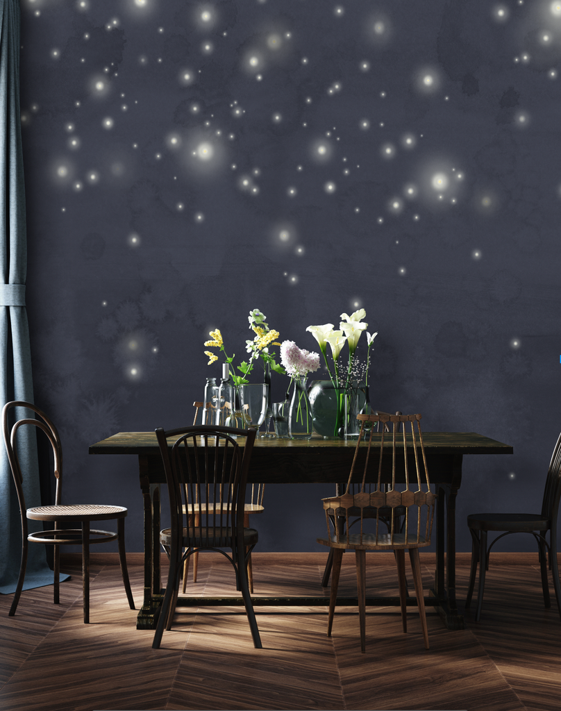 night sky wallpaper, star wallpaper, vivian ferne wallpaper, vivian ferne wallpaper wall mural, moody decor wallpaper, moody dining room, moody living room decor, herringbone floor, navy blue decor