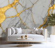 Vivian Ferne wallpaper, Marble wallpaper, Marble wall, Stone accent wall, marble accent wall, living room white and gold, white and gold living room, vivian ferne wallpaper review, vivian ferne review, white and gold wallpaper, white and gold sofa