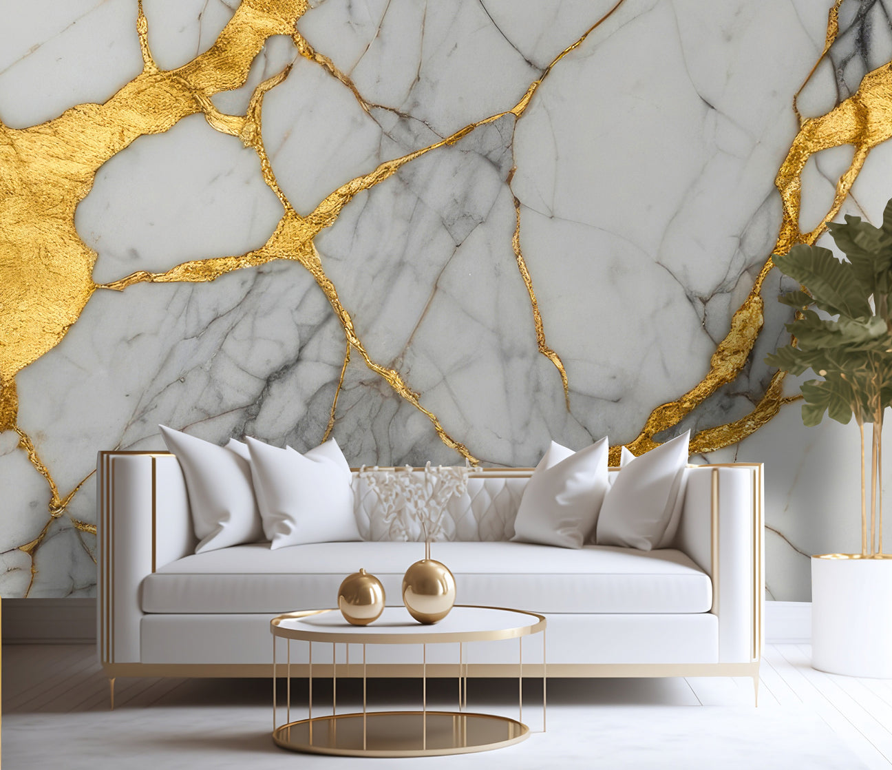 Vivian Ferne wallpaper, Marble wallpaper, Marble wall, Stone accent wall, marble accent wall, living room white and gold, white and gold living room, vivian ferne wallpaper review, vivian ferne review, white and gold wallpaper, white and gold sofa