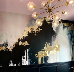The custom black, gold, blush and blue wallpaper design from famous interior design house, Vivian Ferne turns this hallway into a work of art. Make your interior design projects pop this year with bursts of color on your accent walls or bedroom walls. These abstract wallpaper murals add so much complexity, texture and color to any interior design space.