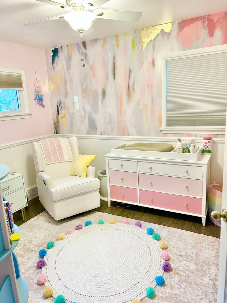 Vivian Ferne Pastel Nursery, pastel nursery decor, girls nursery, girls pink nursery, pink nursery, pink and gold wallpaper, pink wallpaper