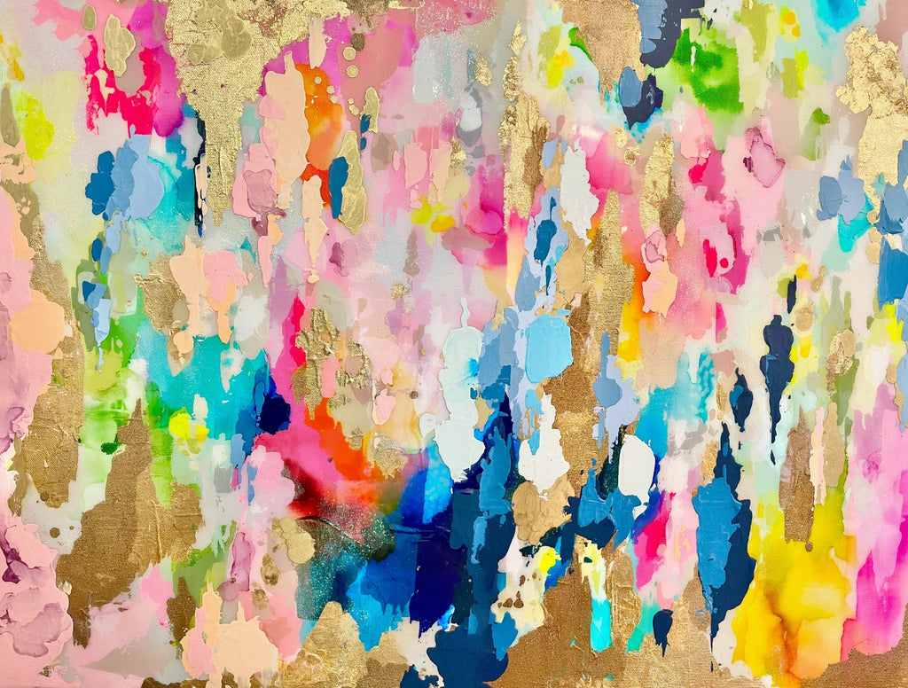 This is the original abstract painting that inspired the Vivian Ferne wallpaper mural, "Sprinkles". Famous abstract artist Fran Maass used acrylic paint, alcohol inks and gold leafing to create this interior wallpaper.