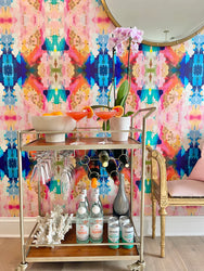 Fresh color palettes and patterns fill this interior wallpaper design by famous interior designer, VIvian Ferne. This wallpaper design is full of color and is a digital recreation of an original abstract painting using acrylic paint and alcohol inks. This repeating pattern design is great for living rooms, bathrooms or mini bar accent walls. This colorful wallpaper design also adds wonderful character to spas, hotels, salons and boutiques.