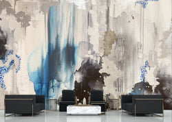 Living room wallpaper design with abstract shapes and textures. Modern marble furniture decorates this space with the blue, gray and black wallpaper being the perfect backdrop