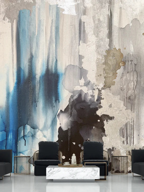 This large office space interior design features a stunning abstract wallpaper filled with grays, blues and blacks. The wallpaper is ocean themed and provides moody textures, bold shapes and misty depth. Turn your interior space into an edgy bold maximalist space that leaves everyone in wonder.