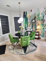 Green dining room, green wallpaper dining room, green wallpaper, green interior decor, vivian ferne, vivian ferne reviews, medspa decor, salon decor, boutique decor