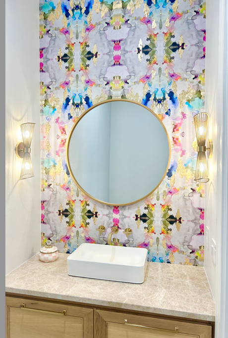 Vivian Ferne Lucky repeat wallpaper, powder room wallpaper, vivian ferne reviews, vivian ferne mural, pink wallpaper, colorful interior, hotel design, nursery wallpaper, dining room wallpaper