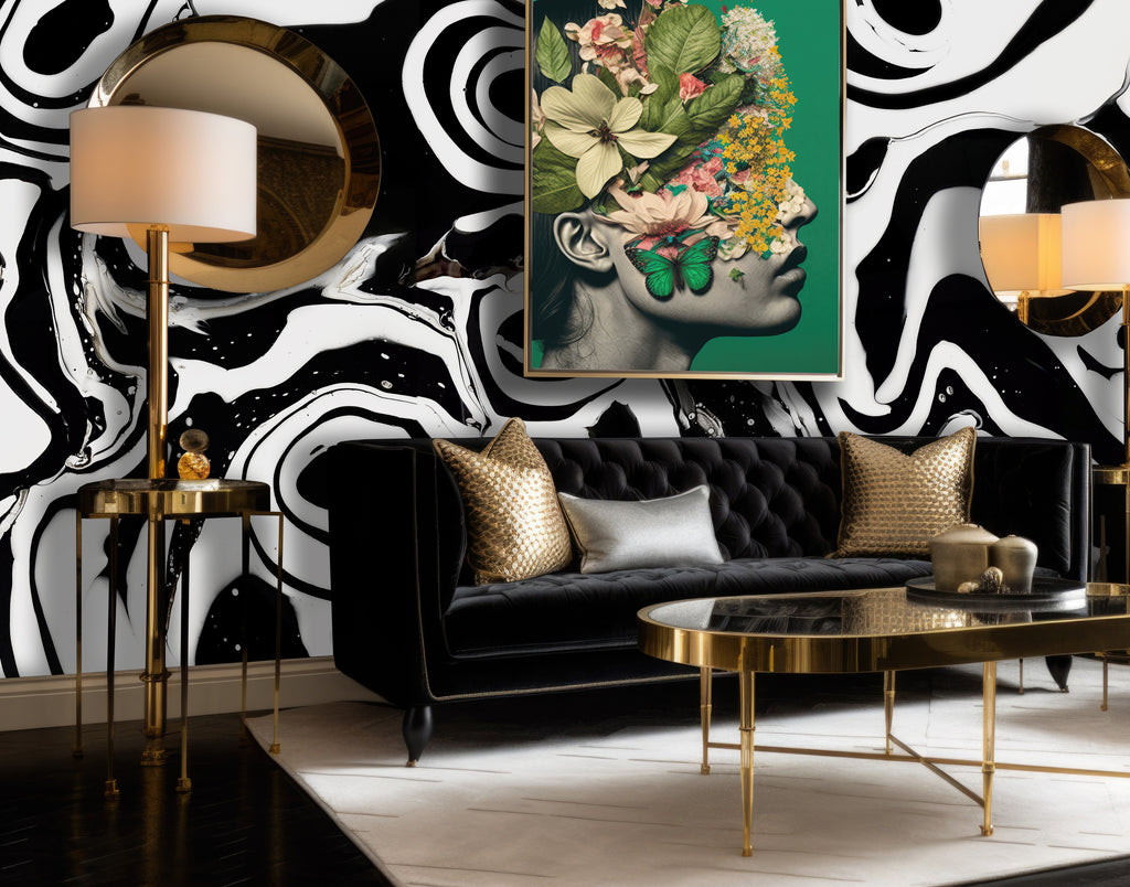 Vivian Ferne melt wallpaper, black and white living room, black and white interior, black and white abstract art, pour painting