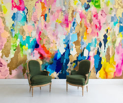 This living room interior design project used green classic arm chairs and a multi-color abstract wallpaper mural from Vivian Ferne. This wall mural uses deep blues, fuchsias, peaches, greens and gold leaf textures to create a stunning array of color and texture in any living room space. This wallpaper mural design is available in prepasted, peel and stick or french luxe materials.