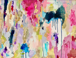 Original abstract painting that inspired that large scale wallpaper mural "Zesty" from wallpaper design company Vivian Ferne.This design incorporates fuchsia, navy, green, lime, purple, gold and grey to create an interior decor masterpiece.