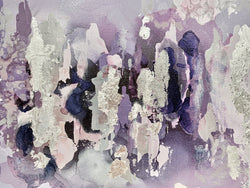This purple, pink, lavender, navy and silver painting is an original piece of abstract art from famous abstract artist, Fran Maass. The work of the artist is digitally transformed to create abstract wallpapers. These designs have appeared in airbnbs, hotels, boutique hotels, vacation homes, spas and salons.