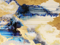 Original abstract artwork created to inspire the "Hurricane" wallpaper design. This abstract painting by famous abstract artist, Fran Mass incorporates golds, navies, turquoise and cream colors to create a stunning abstract seascape.