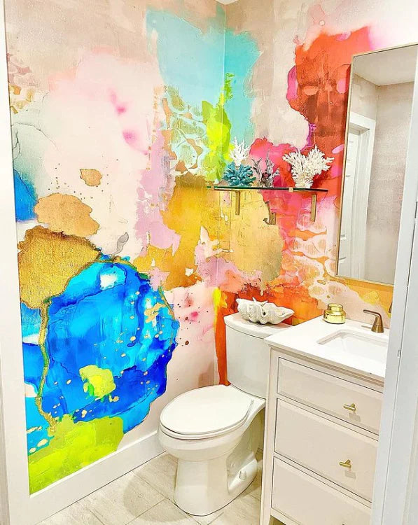 This customer photo shows all the interior design inspo you need for your bathroom. These bright, coastal colors gave this powder room decor new life and makes sure that every room in the house is an experience when it comes to decor.