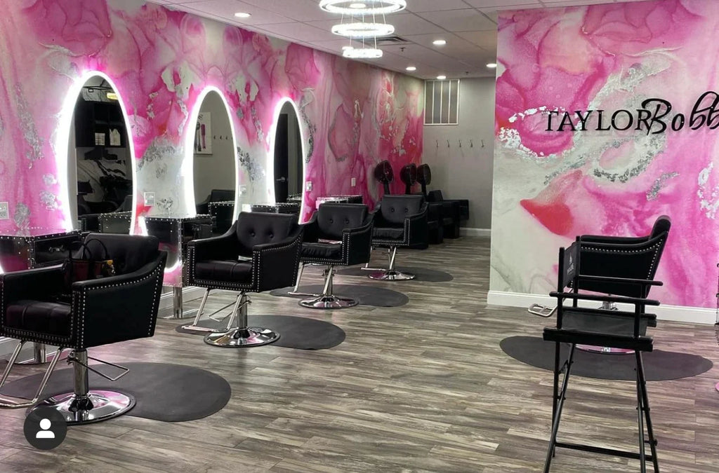 This salon used this large scale abstract wallpaper design to decorate a large portion of their styling space. The pink and silver marble wall art design is inspired by the original painting by famous abstract artist, Fran Maass. This installation includes real silver leafing and provides so much texture, depth and intrigue to this modern interior salon decor.