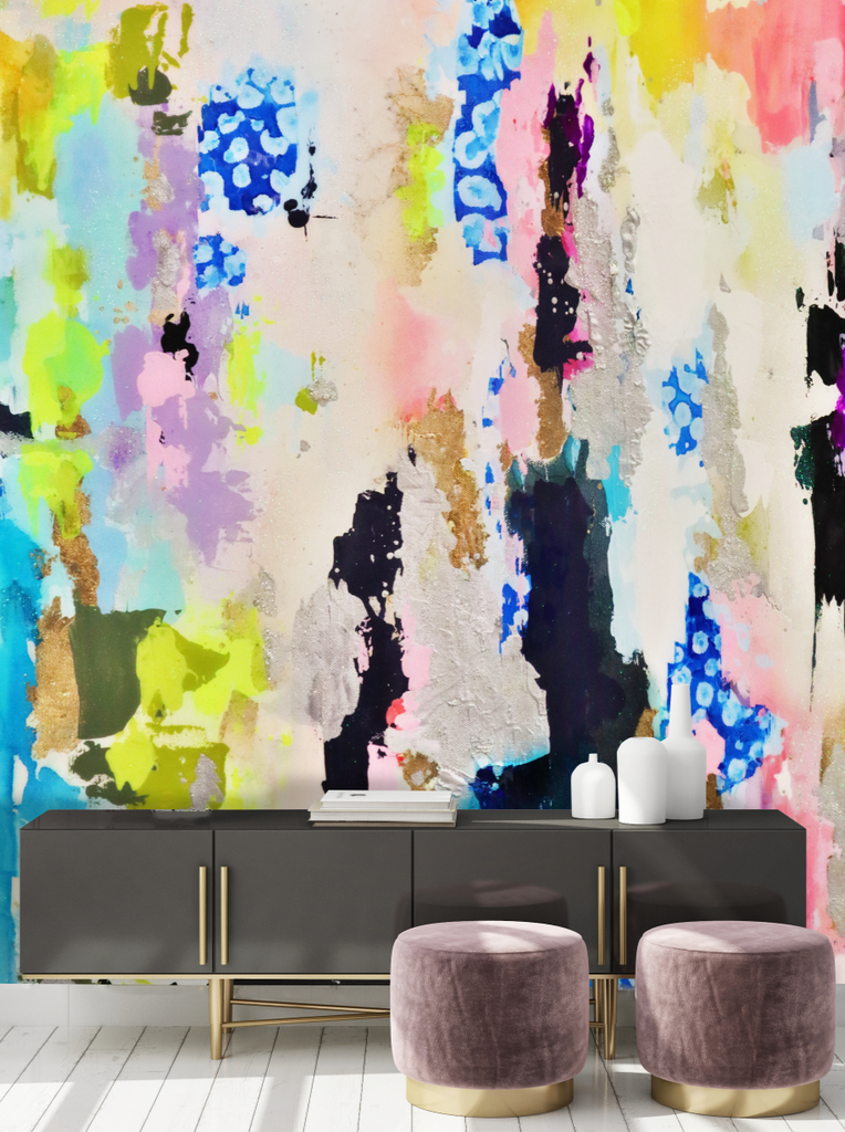 Colorful hand painted wallpaper accent wall