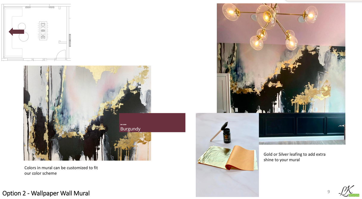 Design Proof "Speakeasy" Wallpaper adding shades of burgundy as specified in diagram