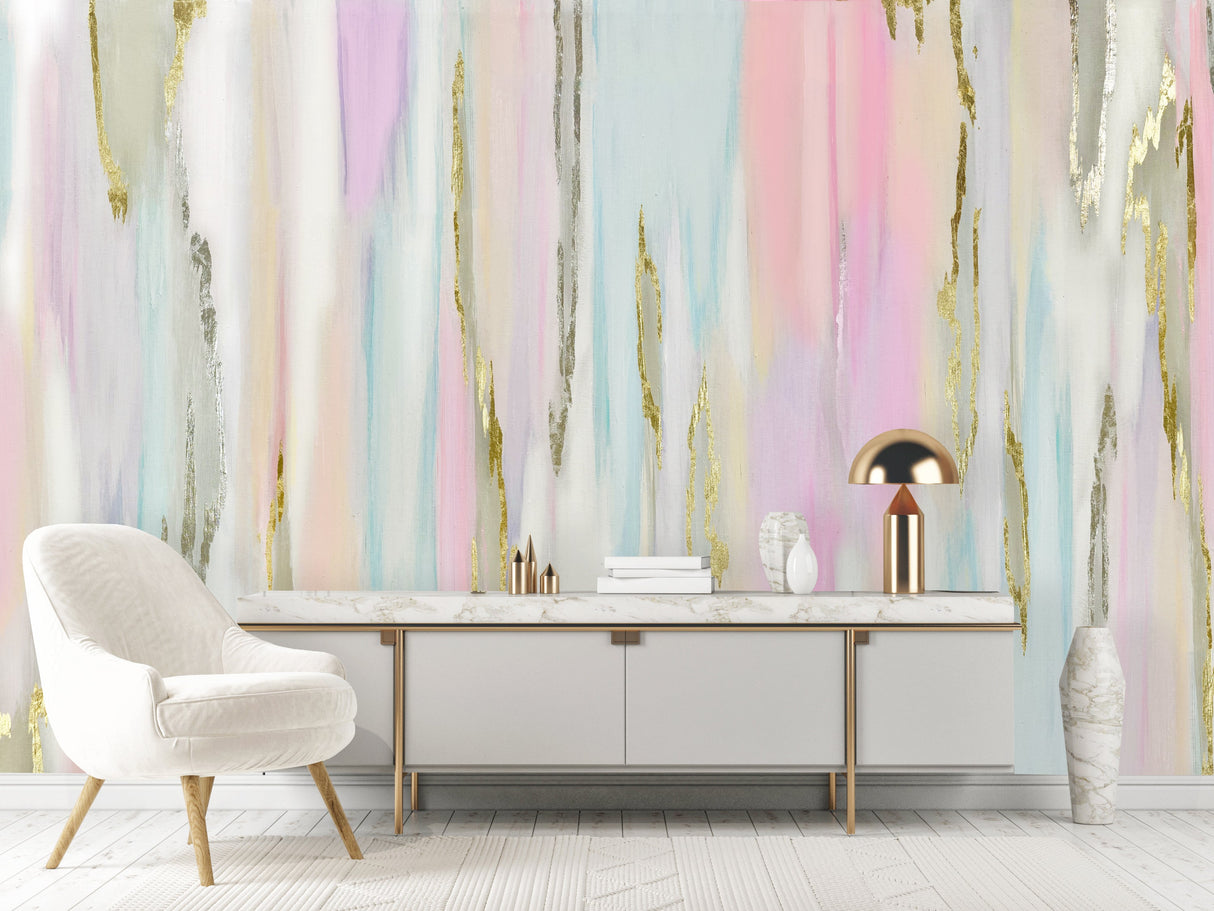 Vivian Ferne Oversized Wall Mural, Wallpaper, Wallpaper Wall Mural, Oversized Wallpaper Wall Mural, Vibrant Wallpaper, Vibrant Wall Mural, Maximalist Wall Mural, Vibrant Wall Art, Nursery Wallpaper, Office Wallpaper, Living Room Wallpaper, Gold Accent Wall, Bubble Wallpaper, Oil Paint, Pink, Blue, Gold, Yellow, Office Wall Art, Office Wall Mural, Office Wallpaper, Abstract Office, Gold Desk, Glass Desk, Fluffy Chair, Fur Chair, Fur Rug, Gold Frame, Orchid