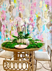 Spring interior design gives us a chance to refresh, bring in new colors and add some vibrant features to our homes, spas, salons or hotels. This accent wall features an original large scale abstract wallpaper by famous interior designer, Fran Maass Katz. These designs are inspired by original paintings and digitally recreated into stunning interior wallpapers.