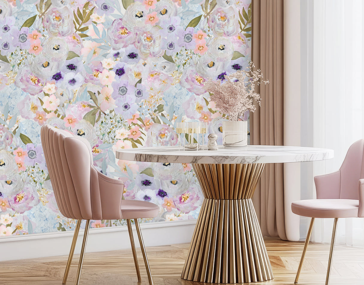 dining room wallpaper, floral wallpaper, vivian ferne wallpaper, pink dining room, pink living room, nursery wallpaper, abstract flower painting, peony wallpaper, peony bouquet, vivian ferne reviews, girls nursery, boutique design, restaurant design, dorm room decor