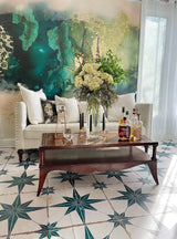 This amazing living room decor idea for abstract green wallpaper, white couch with white pillows, ornate wood coffee table, whisky products, floral arrangement, looking glasses and stunning tile flooring. This gold, green and beige abstract wallpaper design is a top pick for designers interested in bold, colorful selections. Great products for homes, hotels, airbnb, luxury vacation homes, spas, salons and any other luxury installation. The product is available in prepasted and peel and stick.