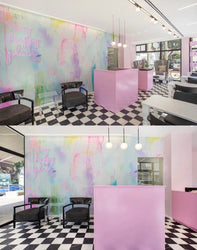 salon design, bold wallpaper, modern wallpaper, pink interior, airbnb design, pastel interior, nursery wallpaper, girls nursery, Vivian Ferne Wallpaper