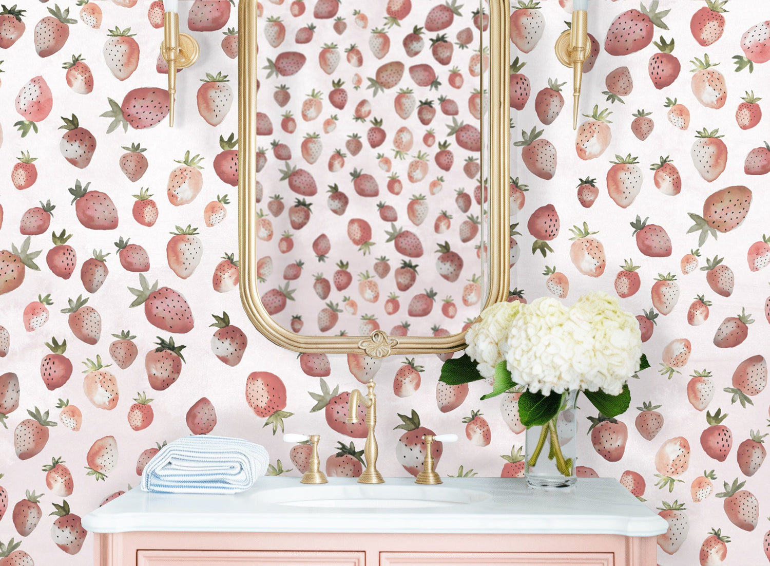 Strawberry wallpaper, vivian Ferne wallpaper, vivian ferne review, watercolor strawberries, strawberry nursery, vintage nursery decor, boutique design, ice cream shop decor, powder room wallpaper, pink wallpaper, pink interior, farmhouse decor, farmhouse wallpaper