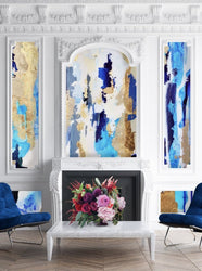 Vivian Ferne Oversized Wall Mural, Wallpaper, Wallpaper Wall Mural, Oversized Wallpaper Wall Mural, Vibrant Wallpaper, Vibrant Wall Mural, Maximalist Wall Mural, Vibrant Wall Art, Nursery Wallpaper, Office Wallpaper, Living Room Wallpaper, Blue Wall Mural, Blue Wallpaper, Gold Wall Mural, Gold Wallpaper, Blue and Gold Wall Art, Grey Wall Mural, Blue Living Room, Blue Living Room Wall Art, Blue Sitting Area, Blue Chairs, Blue Velvet Chairs, Living Room Fire Place, Blue Wall Mural Fireplace