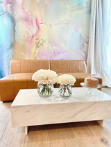 Vivian Ferne Oversized Wall Mural, Wallpaper, Wallpaper Wall Mural, Oversized Wallpaper Wall Mural, Vibrant Wallpaper, Vibrant Wall Mural, Maximalist Wall Mural, Vibrant Wall Art, Nursery Wallpaper, Office Wallpaper, Living Room Wallpaper, Gold Accent Wall, Vivian Ferne Bubble Oversized Wallpaper Wall Mural, Metallic Wall Mural, Bubble Wall Art, Brown Couch, Leather Couch, Pink Abstract Wall, White Marble Table, Marble Coffee Table, Rose, White Rose, Chocolate Cake