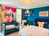 Vivian Ferne Oversized Wall Mural, Wallpaper, Wallpaper Wall Mural, Oversized Wallpaper Wall Mural, Vibrant Wallpaper, Vibrant Wall Mural, Maximalist Wall Mural, Vibrant Wall Art, Nursery Wallpaper, Office Wallpaper, Living Room Wallpaper, Gold Accent Wall, Coronado, Nursery Accent Wall, Nursery Wallpaper, Nursery Wall Mural, Blue Paint, Teal Crib, Blue Crib, Green Crib, Purple Curtain, White Chair, Rocking Chair