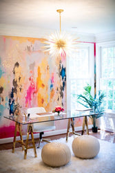 Vivian Ferne Oversized Wall Mural, Wallpaper, Wallpaper Wall Mural, Oversized Wallpaper Wall Mural, Vibrant Wallpaper, Vibrant Wall Mural, Maximalist Wall Mural, Vibrant Wall Art, Nursery Wallpaper, Office Wallpaper, Living Room Wallpaper, Gold Accent Wall, Coronado, White Rug, Fur Rug, Gold Chandelier, Gold Light, Star Light, Sun Chandelier, White Stool, Glass Table, Office Table, Gold Office Chair