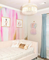 Vivian Ferne Oversized Wall Mural, Wallpaper, Wallpaper Wall Mural, Oversized Wallpaper Wall Mural, Vibrant Wallpaper, Vibrant Wall Mural, Maximalist Wall Mural, Vibrant Wall Art, Nursery Wallpaper, Office Wallpaper, Living Room Wallpaper, Gold Accent Wall, Gold Wallpaper, Silver Wallpaper, Silver Accent Wall, Pink Wallpaper, Pink Bedroom, Kids Bedroom, Ballet, Ballerina, Gold Frame, Swan, Gold Chandelier, Blue Curtains, Teal Curtains, Ballet Shoes, Ballet Slippers, Pink Sheets, Pink Bed, Gold Pillow