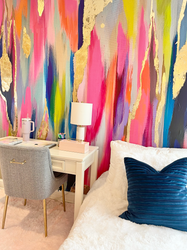 Vivian Ferne feather wallpaper, vivian ferne wallpaper review, vivian ferne mural, dorm room inspo, colorful dorm room, rainbow interior, largescale abstract art, large abstract art with gold leaf, blueberry glitter painting, teen room inspo, teen room decor, teen room interior desgin, nursery wallpaper, nursery wall decor