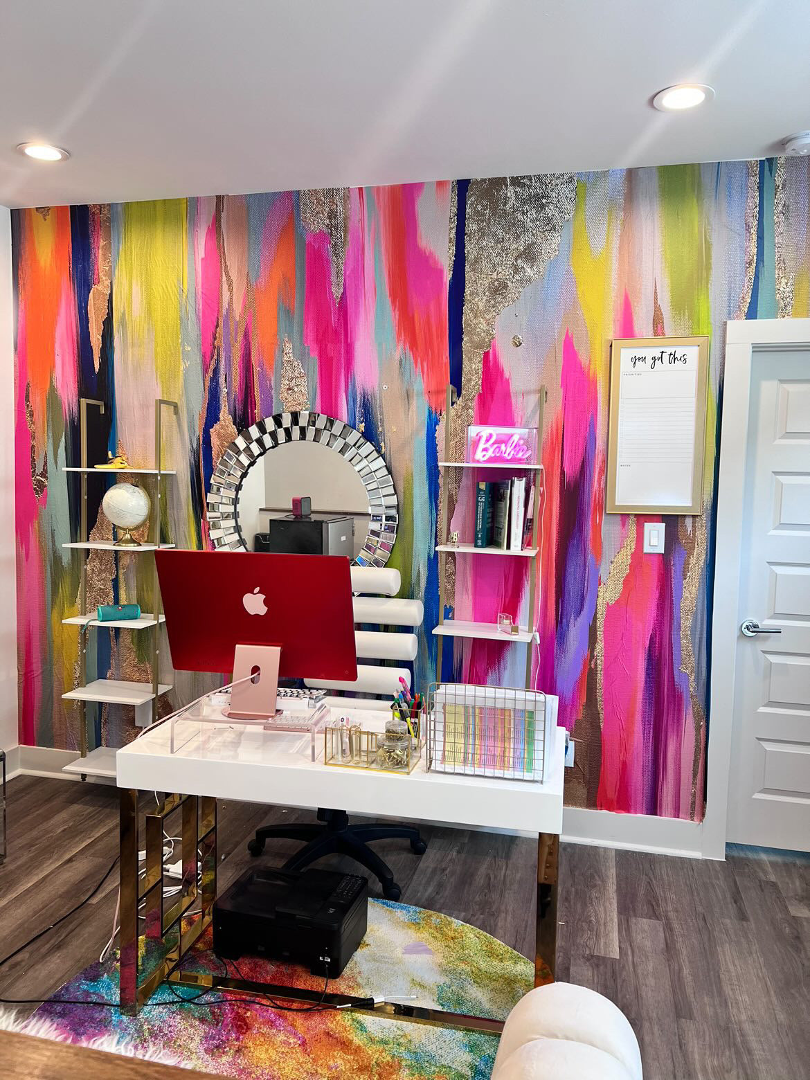 Bright home office, colorful wallpaper, vivian ferne wallpaper, vivian ferne review, teen room wallpaper, teen room decor, gold leaf abstract, boutique decor, salon decor