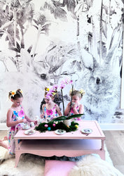 Vivian Ferne Oversized Wall Mural, Wallpaper, Kids Wallpaper, Vibrant Wallpaper, Vibrant Wall Mural, Kids Wall Mural, Kids Wall Art, Nursery Wallpaper, Kids Bedroom Wallpaper, Kids Room Wallpaper, Bedroom Wallpaper, Bathroom Wallpaper, Gold Accent Wall, Gold Wallpaper, Silver Wallpaper, Silver Accent Wall, Pastel Wallpaper, Black and White Wallpaper, Bunny Wall Decal, Pink Kids Table, Tea Party Set, Floral Kids Dress, White Faux Fur Rug
