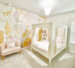 Vivian Ferne Oversized Wall Mural, Wallpaper, Wall Mural, Vibrant Wallpaper, Vibrant Wall Mural, Maximalist Wall Mural, Vibrant Wall Art, Nursery Wallpaper, Office Wallpaper, Living Room Wallpaper, Bedroom Wallpaper, Bathroom Wallpaper, Gold Accent Wall, Gold Wallpaper, Silver Wallpaper, Silver Accent Wall, Pink Bed, Canopy Bed, Pink Couch, Pink Bedroom, White Rug, Pink Rug, White Chandelier, Gold Chandelier, Bedroom Chandelier, White Blinds, Gold Blinds, Pink Blinds