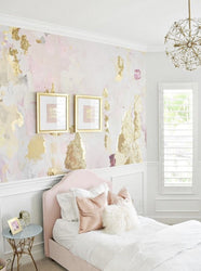 Vivian Ferne Oversized Wall Mural, Wallpaper, Wall Mural, Vibrant Wallpaper, Vibrant Wall Mural, Maximalist Wall Mural, Vibrant Wall Art, Nursery Wallpaper, Office Wallpaper, Living Room Wallpaper, Bedroom Wallpaper, Bathroom Wallpaper, Gold Accent Wall, Gold Wallpaper, Silver Wallpaper, Silver Accent Wall, Pink Bedroom, Pink Accent Wall, Pink Wall Design, Pink Bedroom Decor, Pink Bed, Fluffy Pillow, White Fur Pillow, Pink Sheets, Pink Headboard