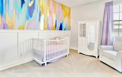 This white themed nursery provided the perfect setting for a burst of color with this rainbow themed interior wallpaper design by famous design house, Vivian Ferne. The wide range of bright colors create the perfect imaginative space for a kids bedroom, play room or nursery. This product is available in custom sizing and french luxe, peel and stick and prepasted materials.