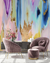 Vivian Ferne Oversized Wall Mural, Wallpaper, Wall Mural, Vibrant Wallpaper, Vibrant Wall Mural, Maximalist Wall Mural, Vibrant Wall Art, Nursery Wallpaper, Office Wallpaper, Living Room Wallpaper, Bedroom Wallpaper, Bathroom Wallpaper, Gold Accent Wall, Gold Wallpaper, Silver Wallpaper, Silver Accent Wall, Purple Chair, Velvet Chair, Purple Velvet Chair, White Vase, Floral Arrangement 