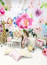 Vivian Ferne Oversized Wall Mural, Wallpaper, Wall Mural, Vibrant Wallpaper, Vibrant Wall Mural, Maximalist Wall Mural, Vibrant Wall Art, Nursery Wallpaper, Office Wallpaper, Living Room Wallpaper, Bedroom Wallpaper, Bathroom Wallpaper, Gold Accent Wall, Gold Wallpaper, Silver Wallpaper, Silver Accent Wall, Tea Party Set, Kids Tea Set, Floral Wallpaper, Floral Accent Wall, Accent Pillows, Fur Pillow, White Fur Pillow, Pink Accent Pillow, Giraffe Toy, Kids Tea Set